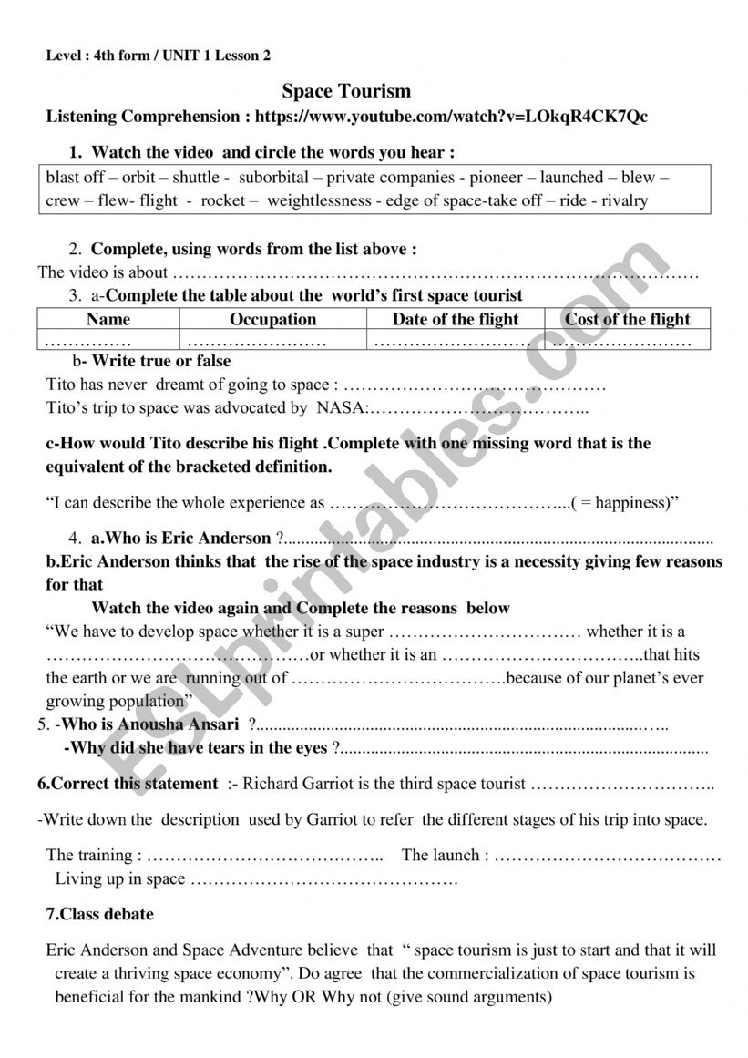 Space Tourism worksheet