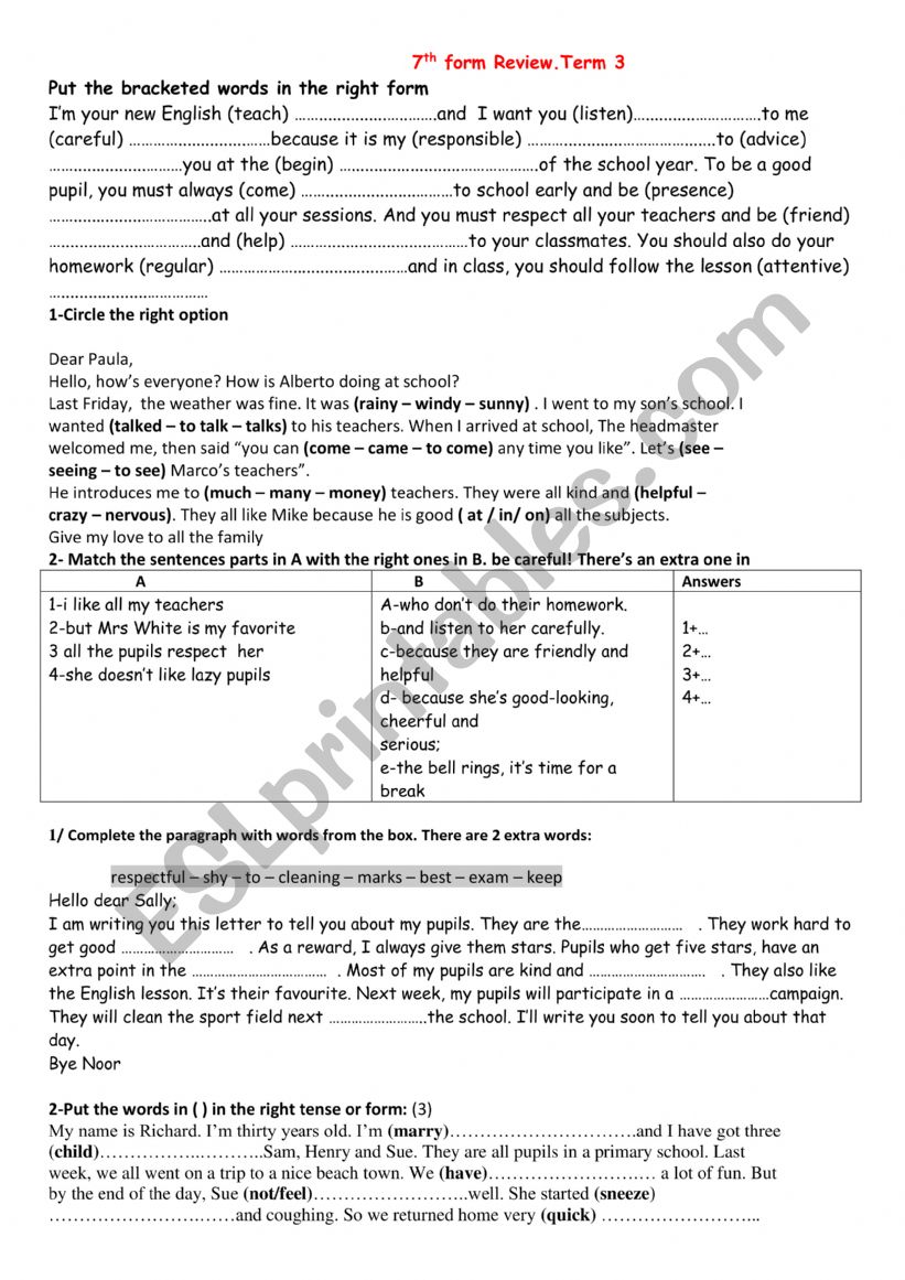 review term 3 7th form worksheet