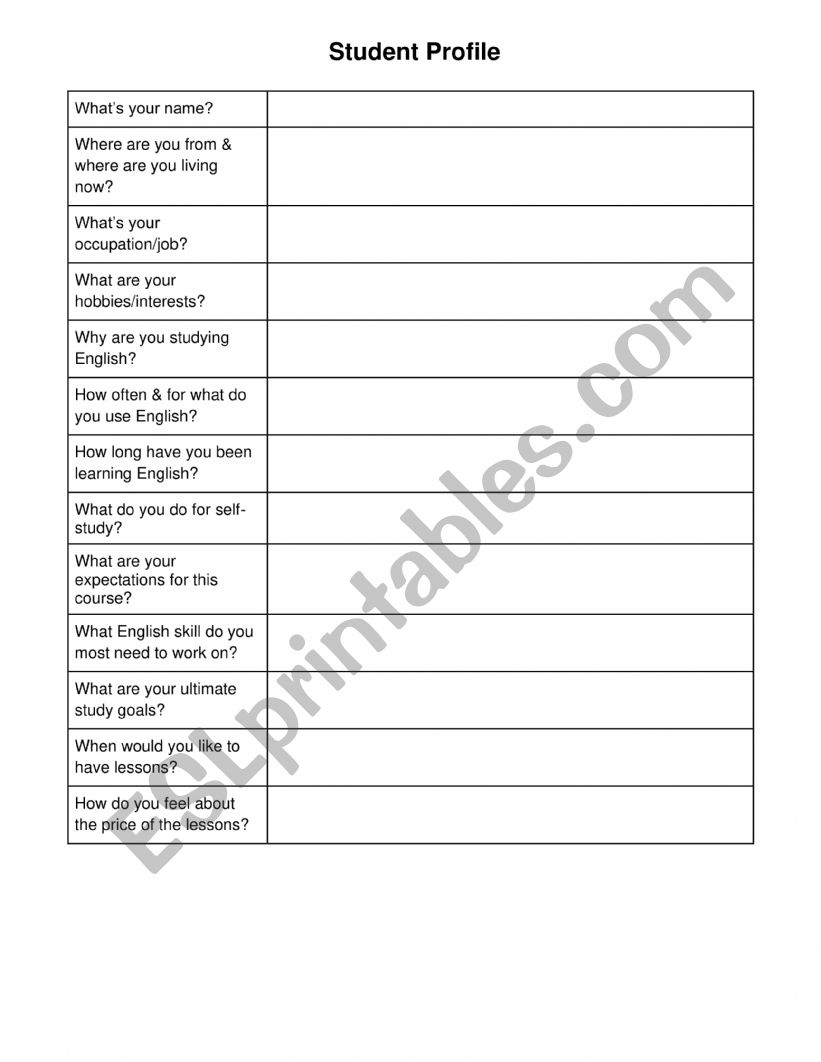 Student Profile worksheet