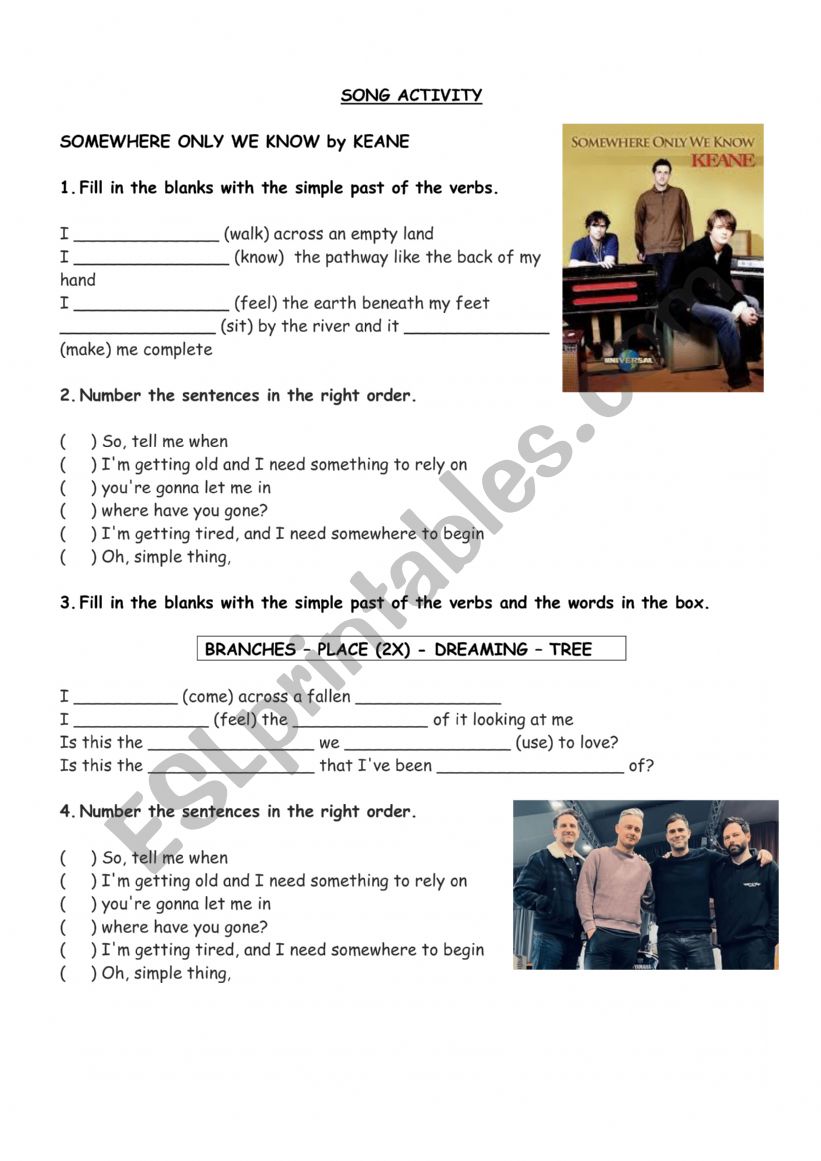 SONG WORKSHEET - SOMEWHERE ONLY WE KNOW BY KEANE