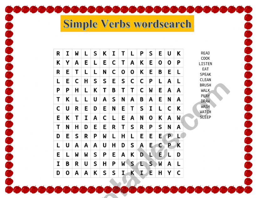 Wordsearch Simple verbs and on page 2 pictionary