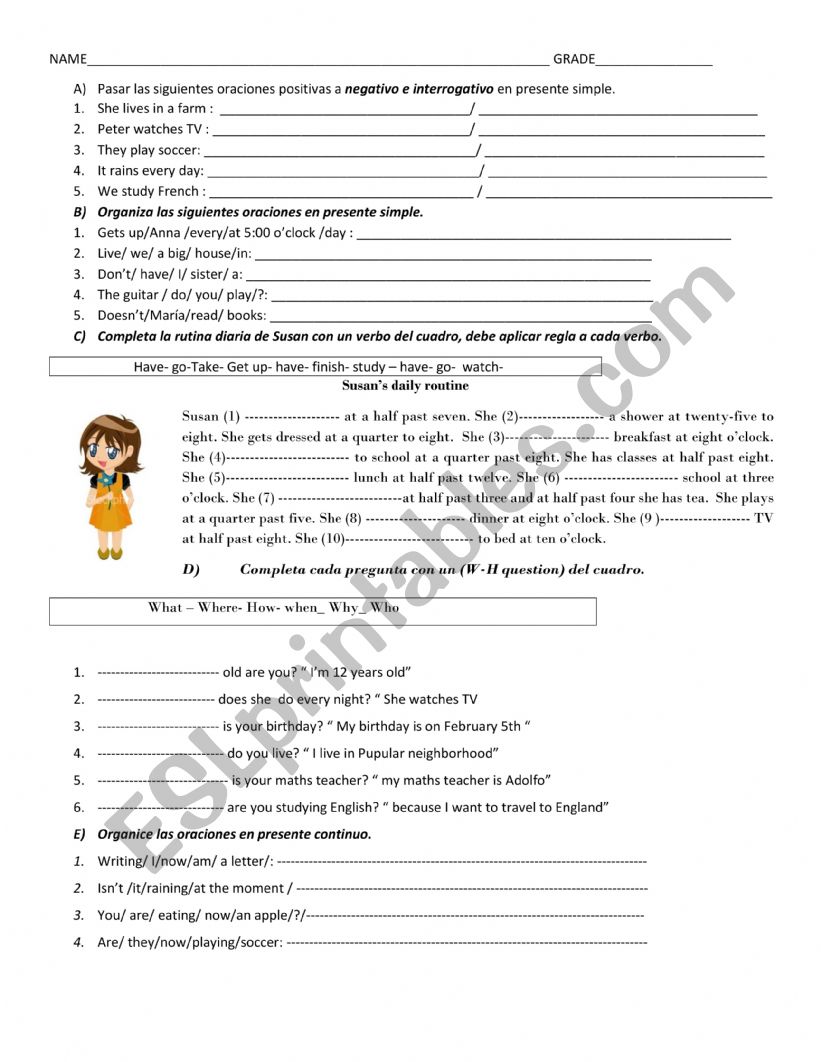 present simple , daily routine, qh question and present continuous test 