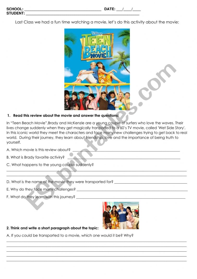 TEEN BEACH MOVIE ACTIVITY worksheet