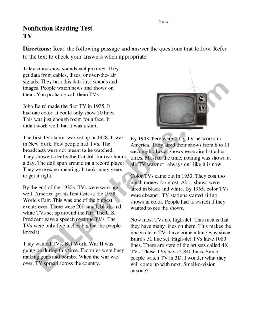 TV Reading Comphrension  worksheet