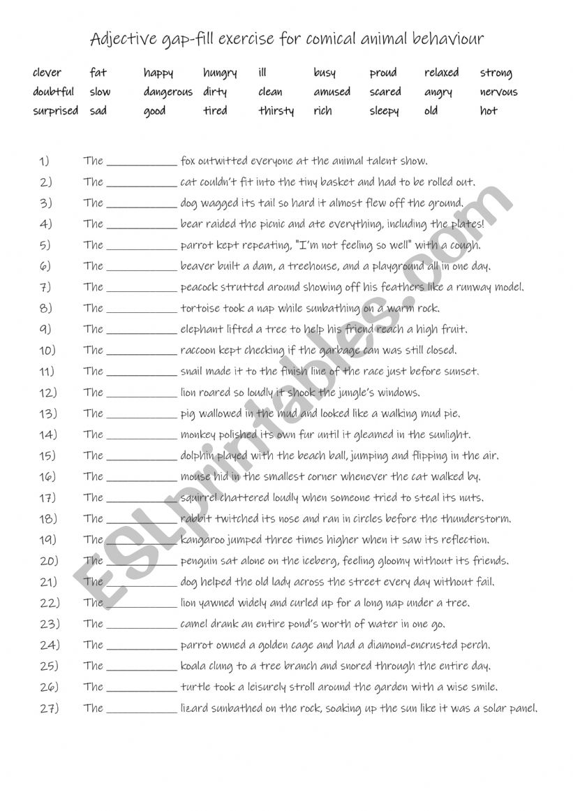 A2+ - B1+ Adjective gap-fill exercise for comical animal behaviour