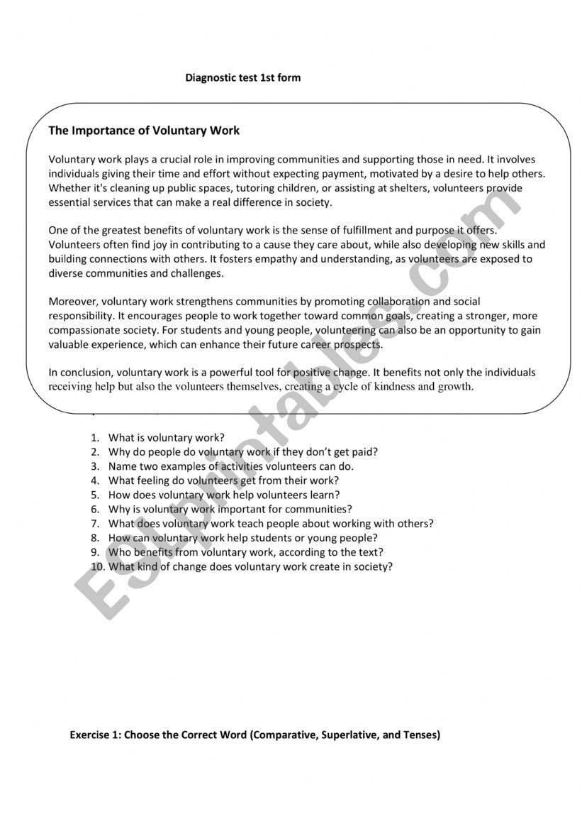 diagnostic test 1st form worksheet