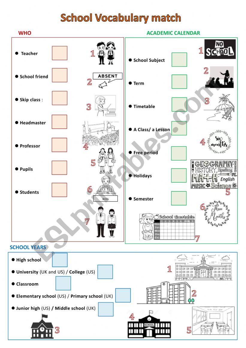 School vocabulary - Match worksheet