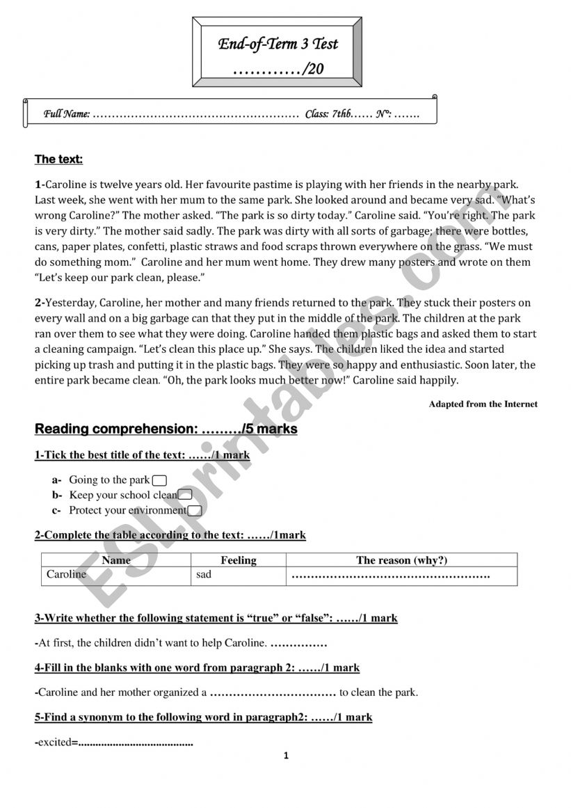 7th full term 3 test  worksheet