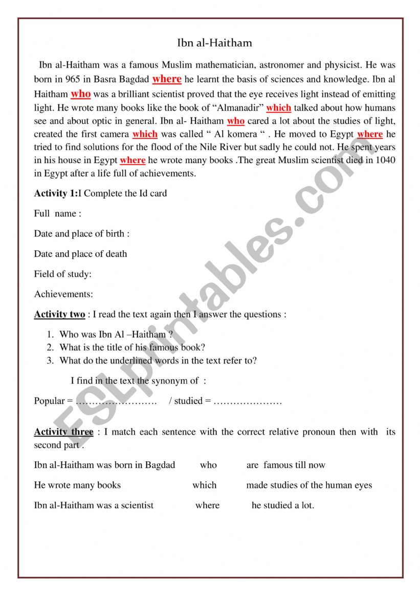 ibn lhaitem worksheet