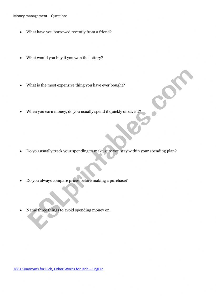 Money management  worksheet