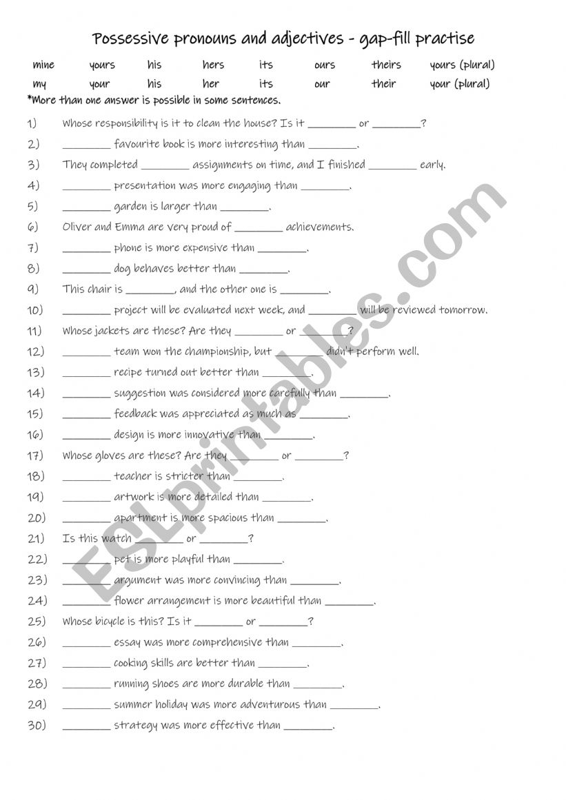 A1+- A2 Possessive pronouns and adjectives - gap-fill practise 