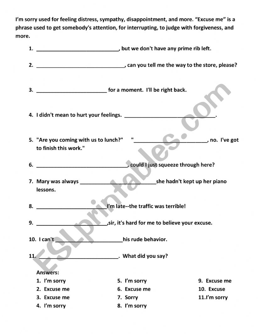 I�m sorry or Excuse me worksheet