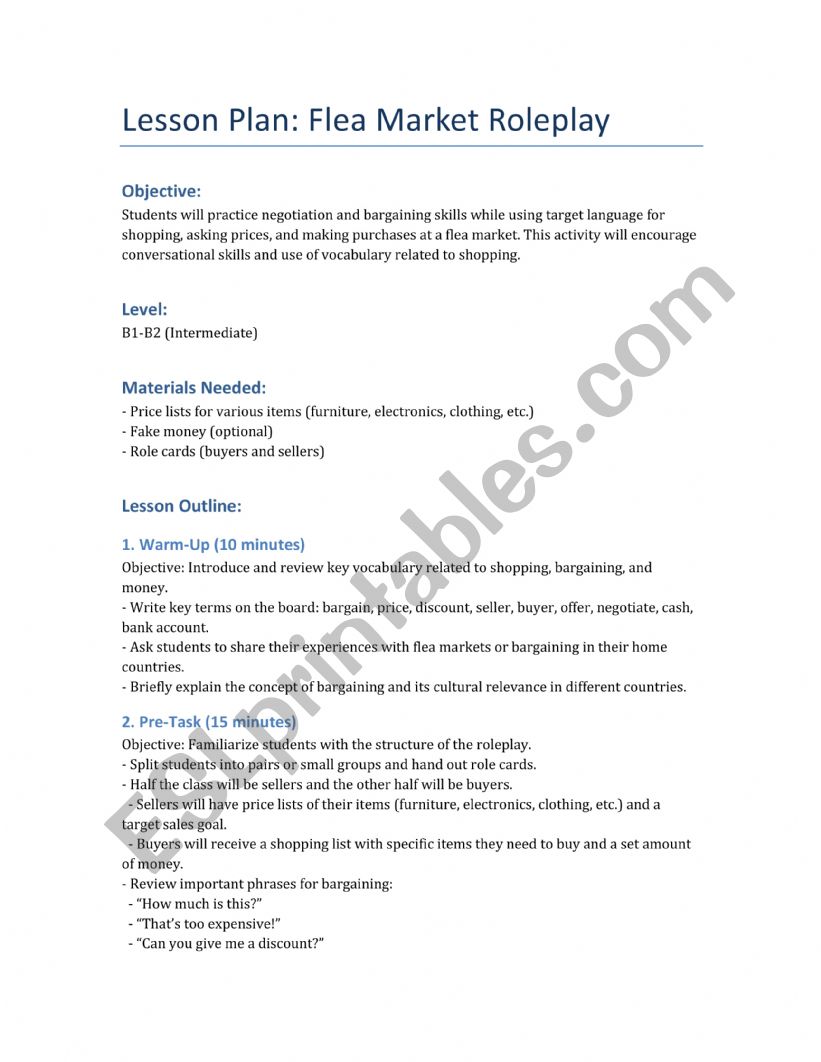 Flea Market Roleplay worksheet