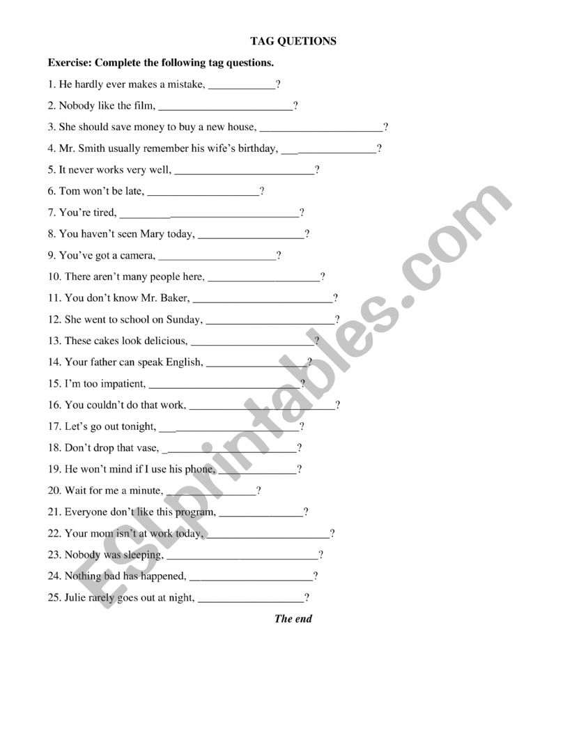 Tag questions worksheet