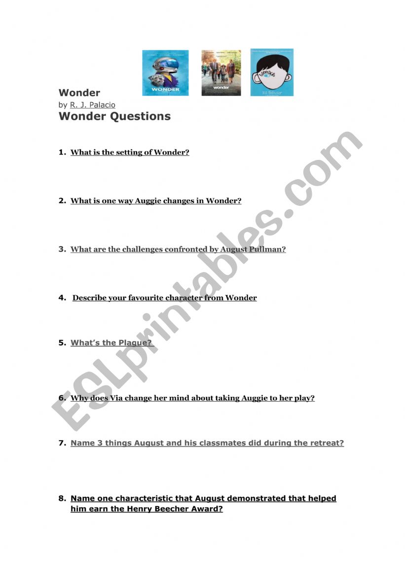 Test on WONDER book & movie worksheet