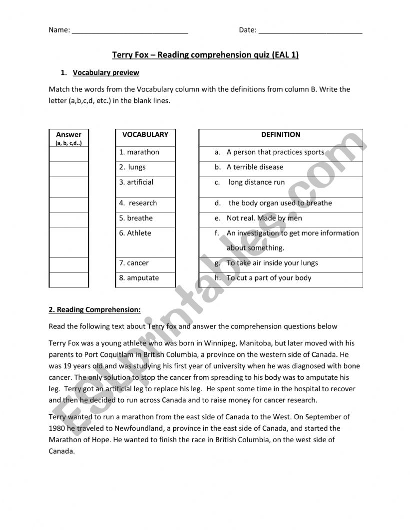 Terry Fox Reading comprehension quiz