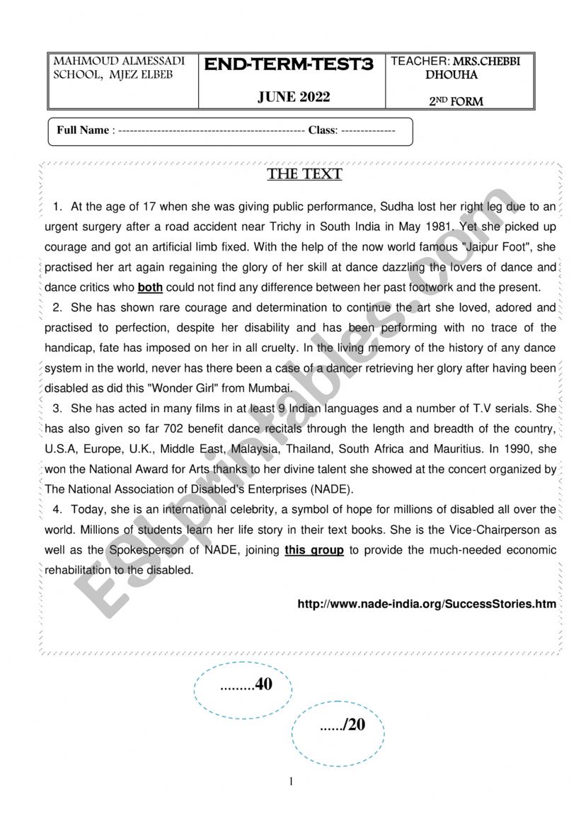 3rdt term test for 2nd form worksheet