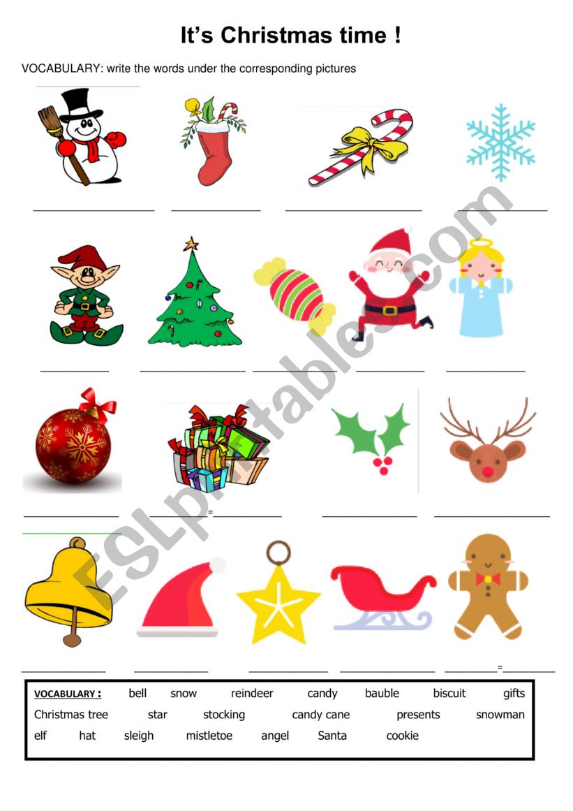 christmas vocabulary + wordsearch