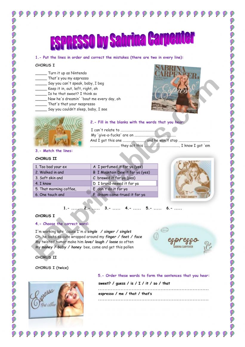 Espresso by Sabrina Carpenter worksheet