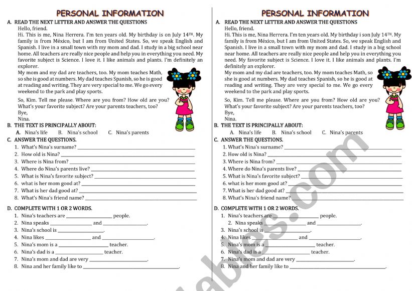 my personal information  worksheet