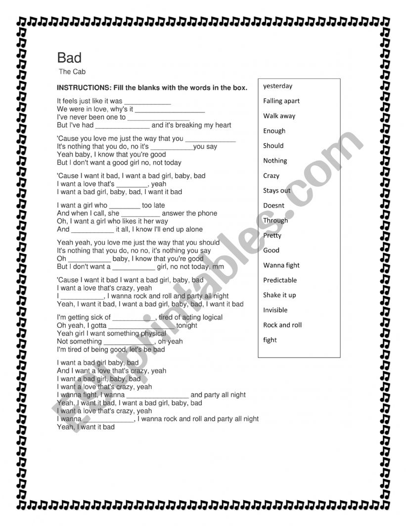  bad -The cab worksheet