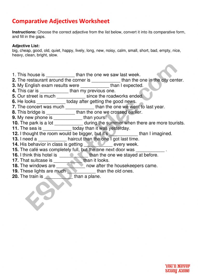 Short Comparative Adjectives worksheet