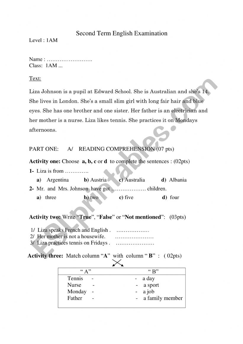 exam  worksheet