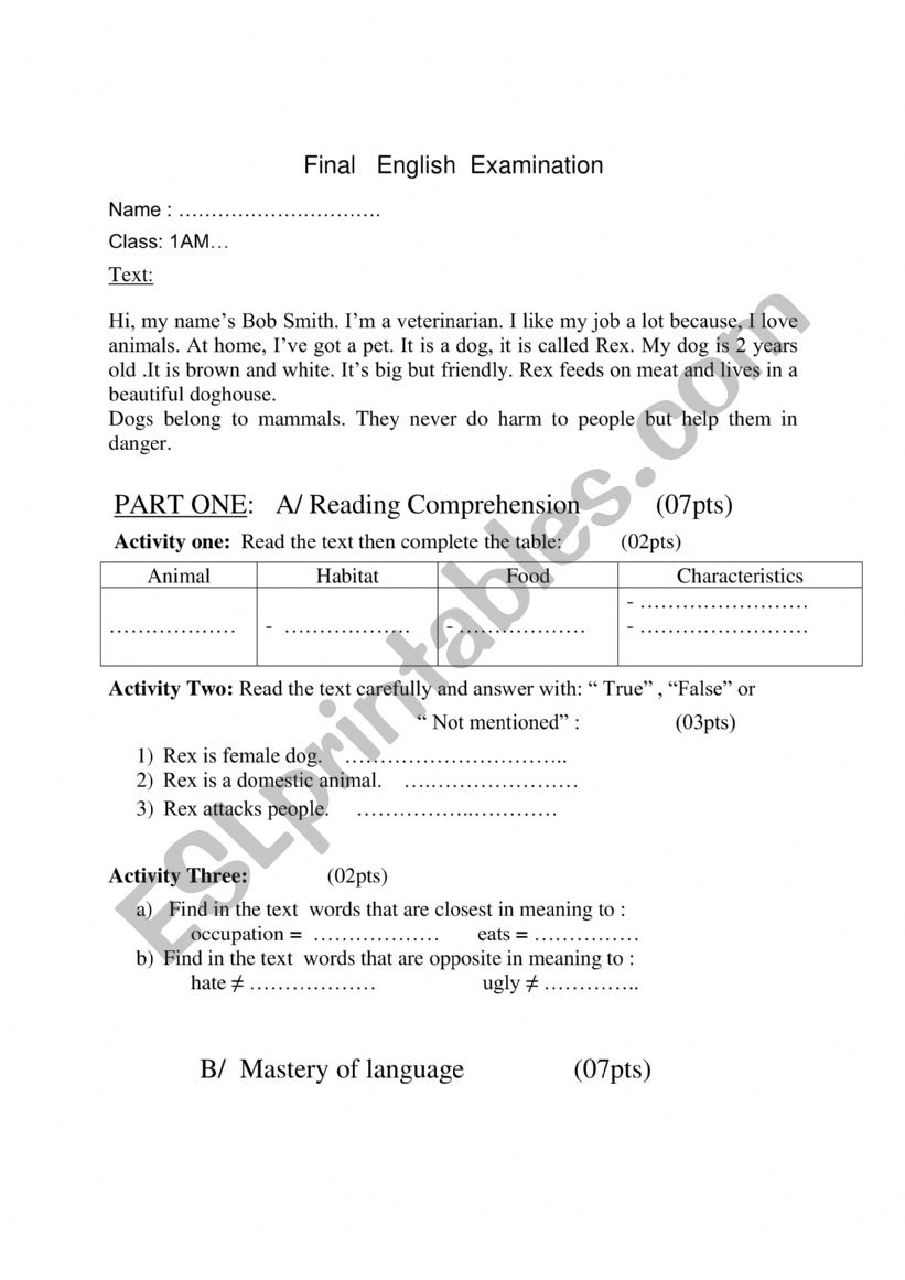 elementary exam worksheet