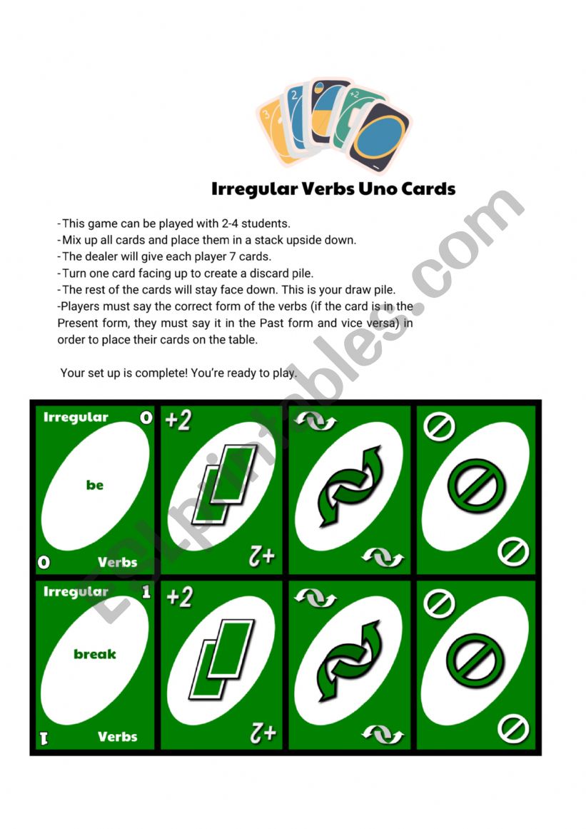 Irregular Verbs Uno Cards worksheet