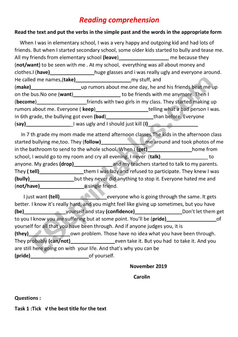 violence at school worksheet