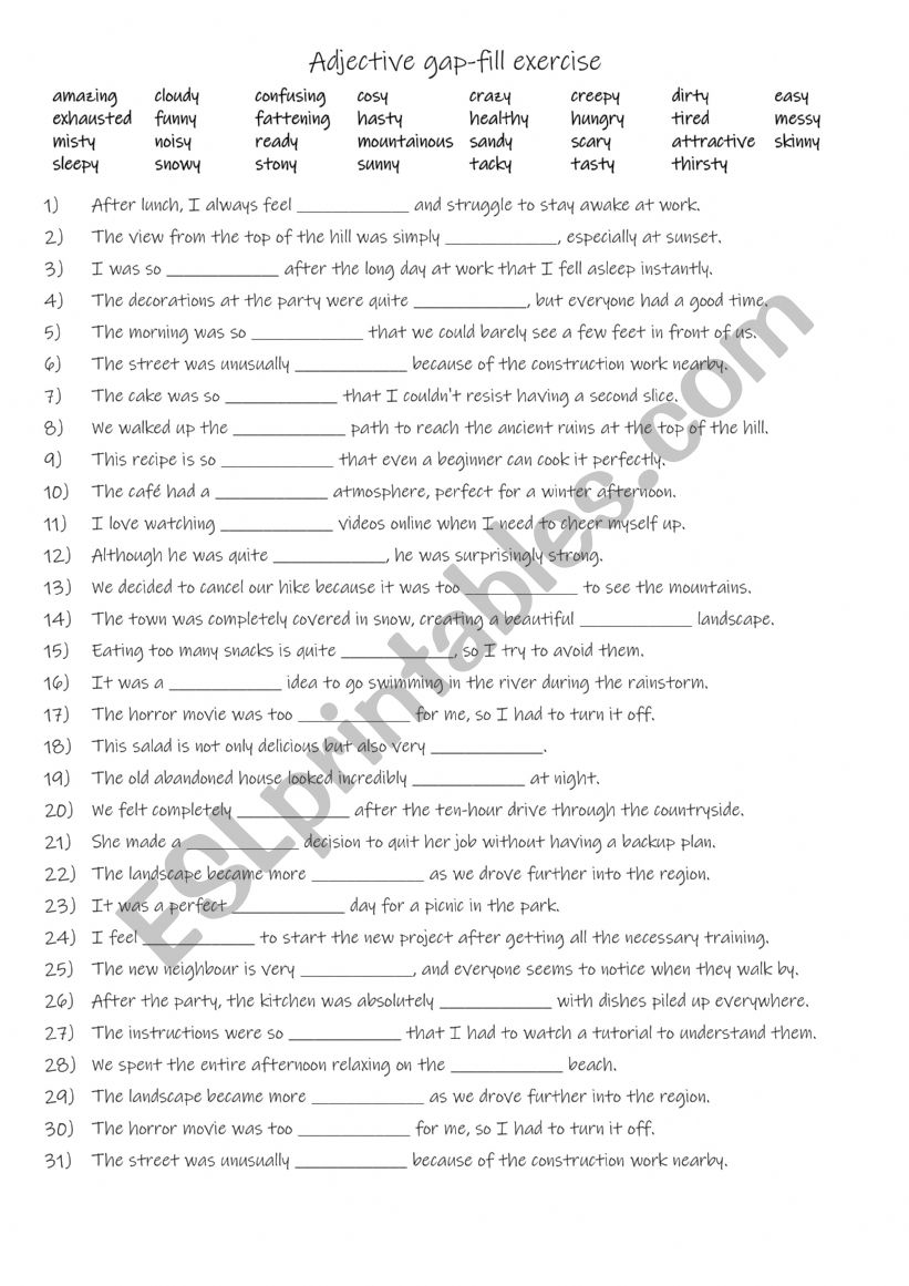 A2+-B1 Adjective gap-fill exercise