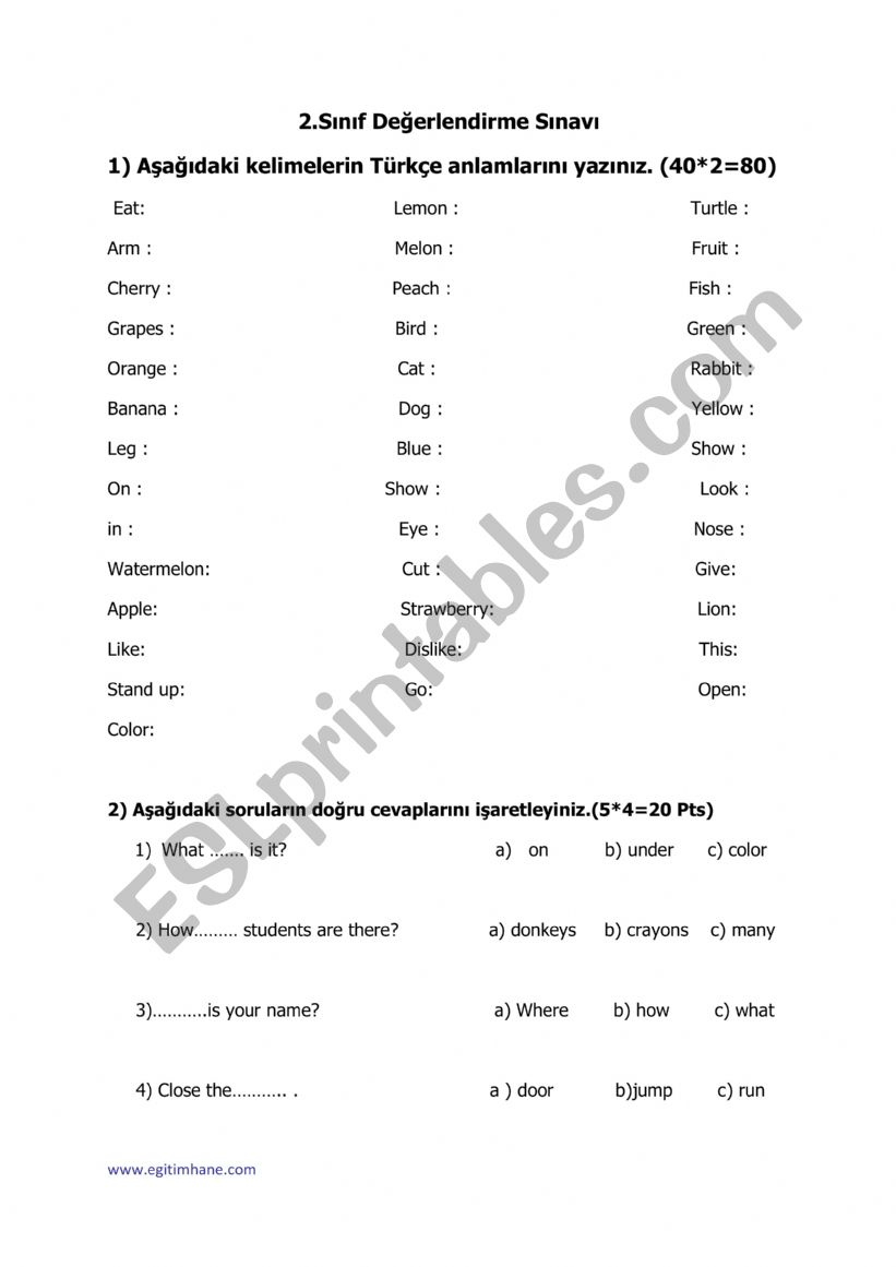 exam for 2. class worksheet