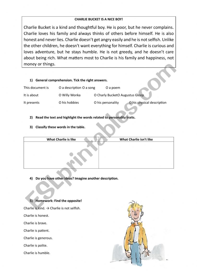 Charlie Bucket - Personality worksheet