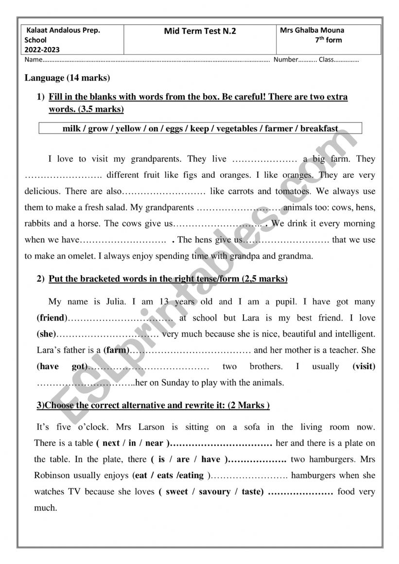 Mid term test 2 7th worksheet