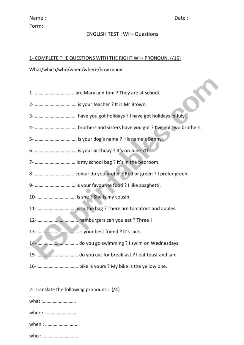 WH pronouns  worksheet