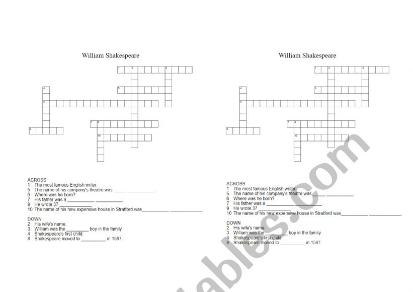 Shakespeare crosswords worksheet