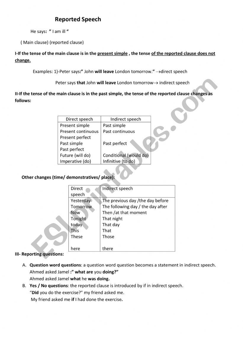 reported speech worksheet