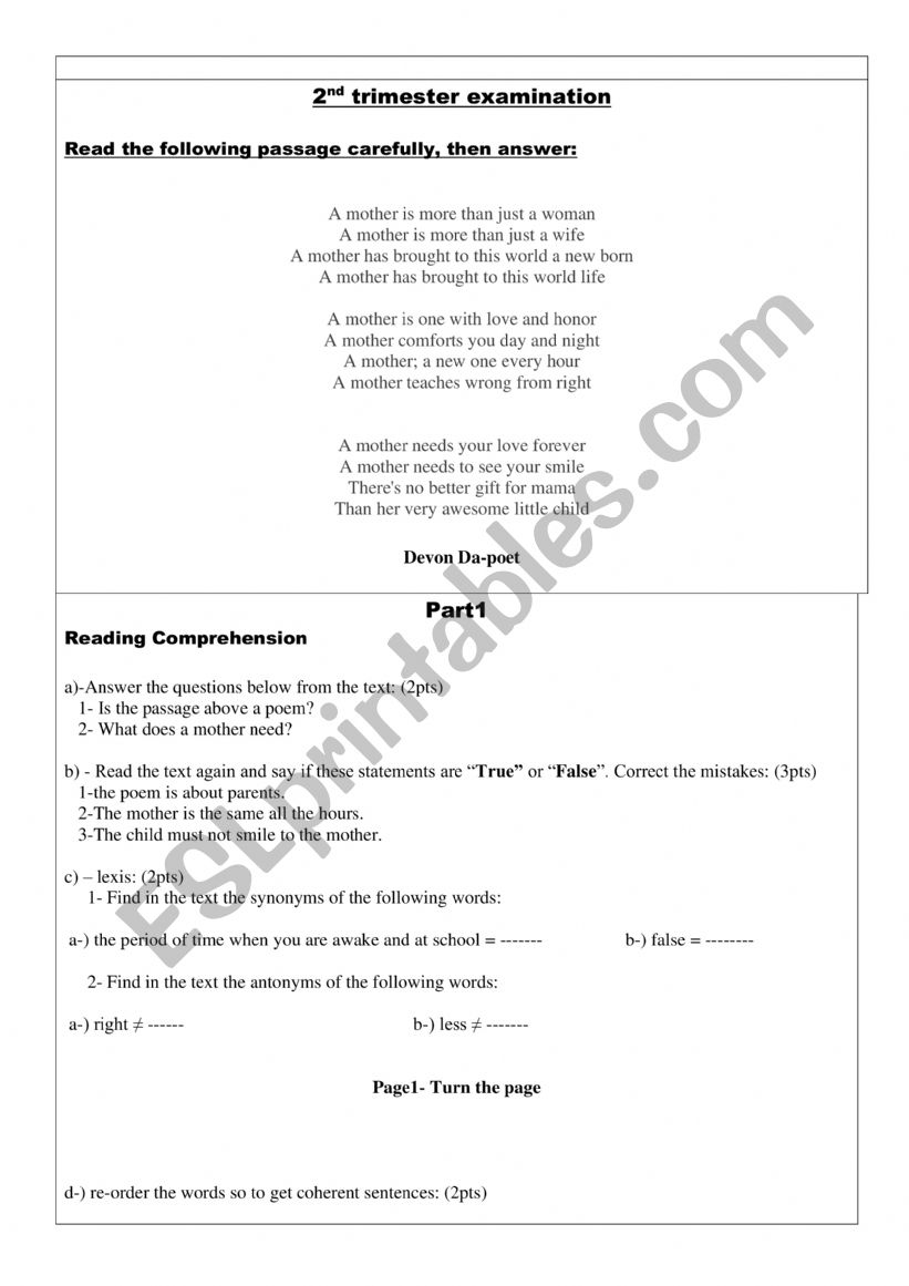 exam worksheet