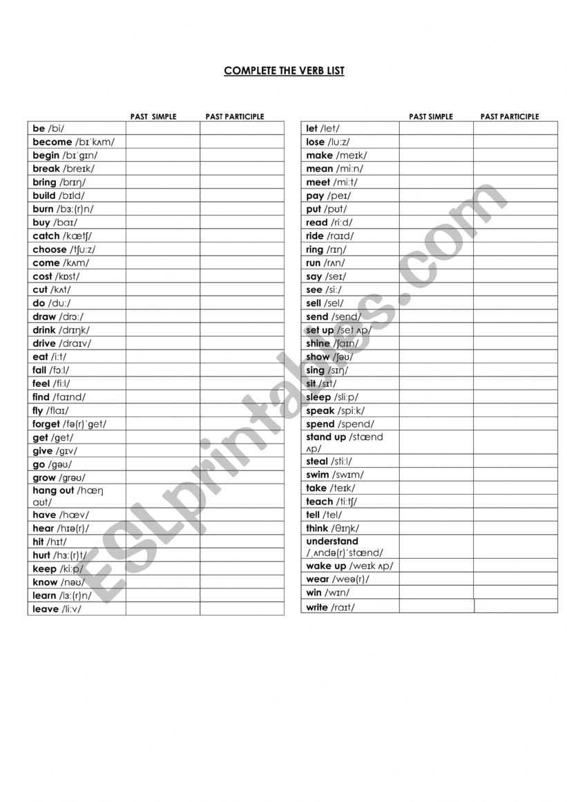 IRREGULAR VERBS LIST  worksheet