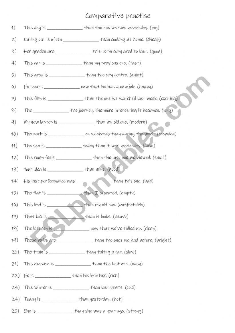 A1-A2 Comparative practise with 25 different adjectives