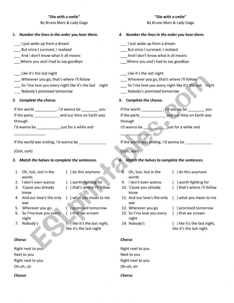 Die with a smile worksheet