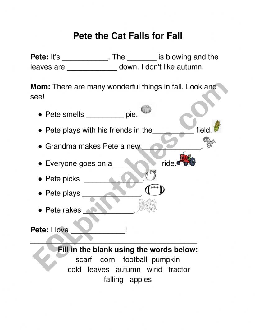 Pete Falls for Fall - Worksheet