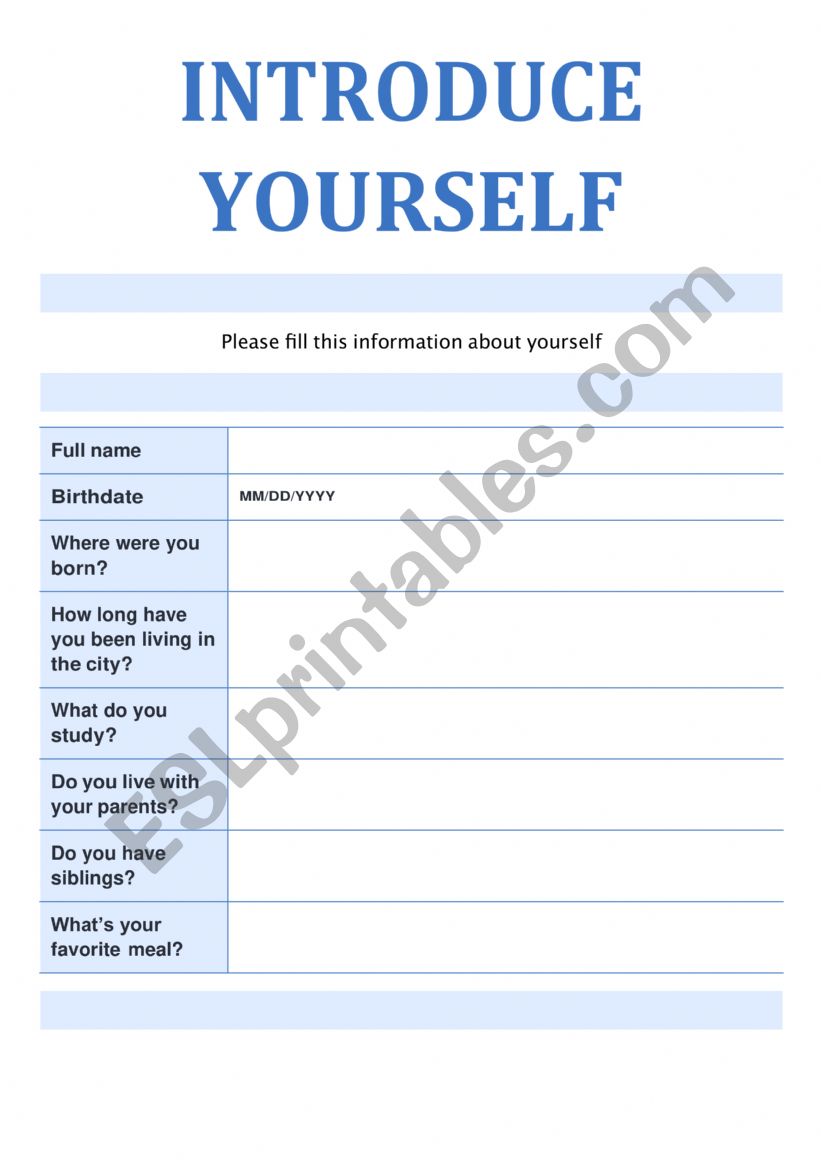 INTRODUCE YOURSELF worksheet