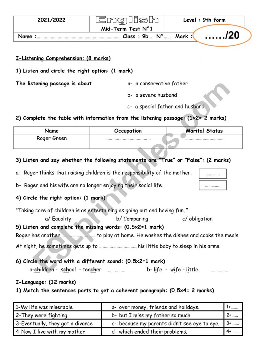 mid-term test n 1 9th form worksheet