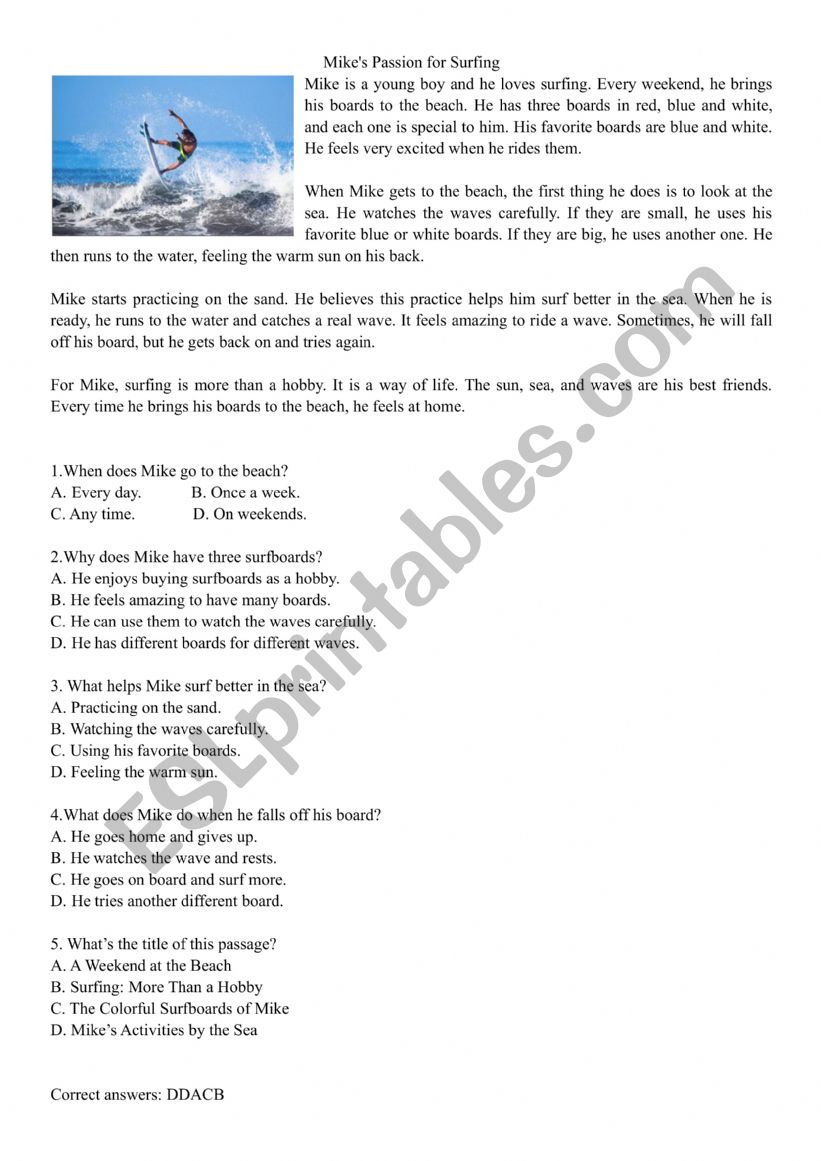 Mike�s Passion for Surfing  worksheet