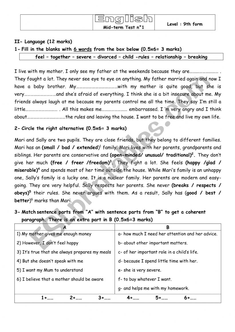 9th form activities worksheet