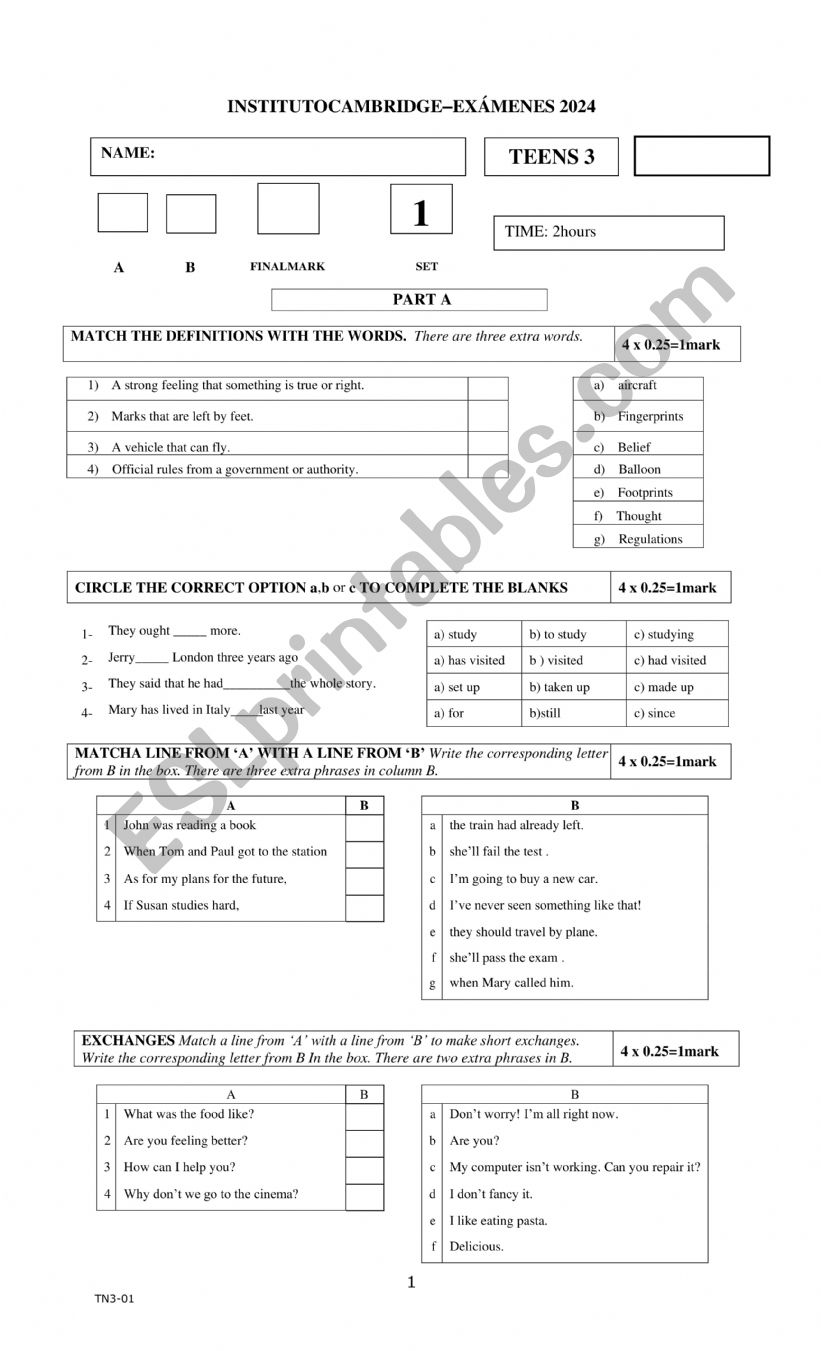 Mock exam TEENS 3 worksheet