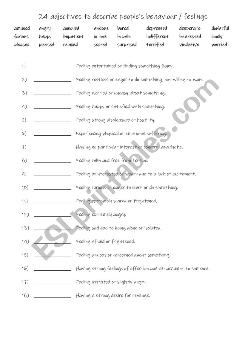 B1-B2   24 adjectives to describe peoples behaviour / feelings