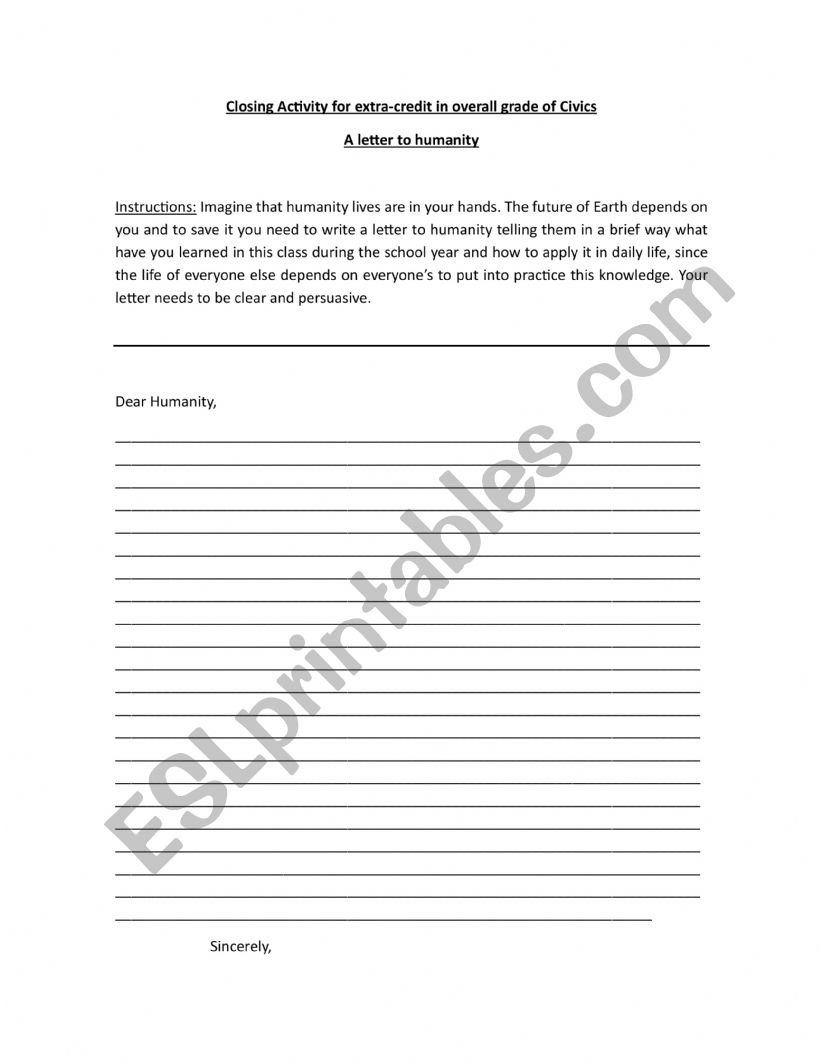 A letter to Humanity worksheet