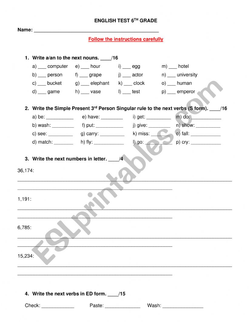 TEST A2 worksheet